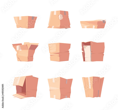 Dirty cardboard boxes. Broken delivery containers carton packages garish vector collection pictures