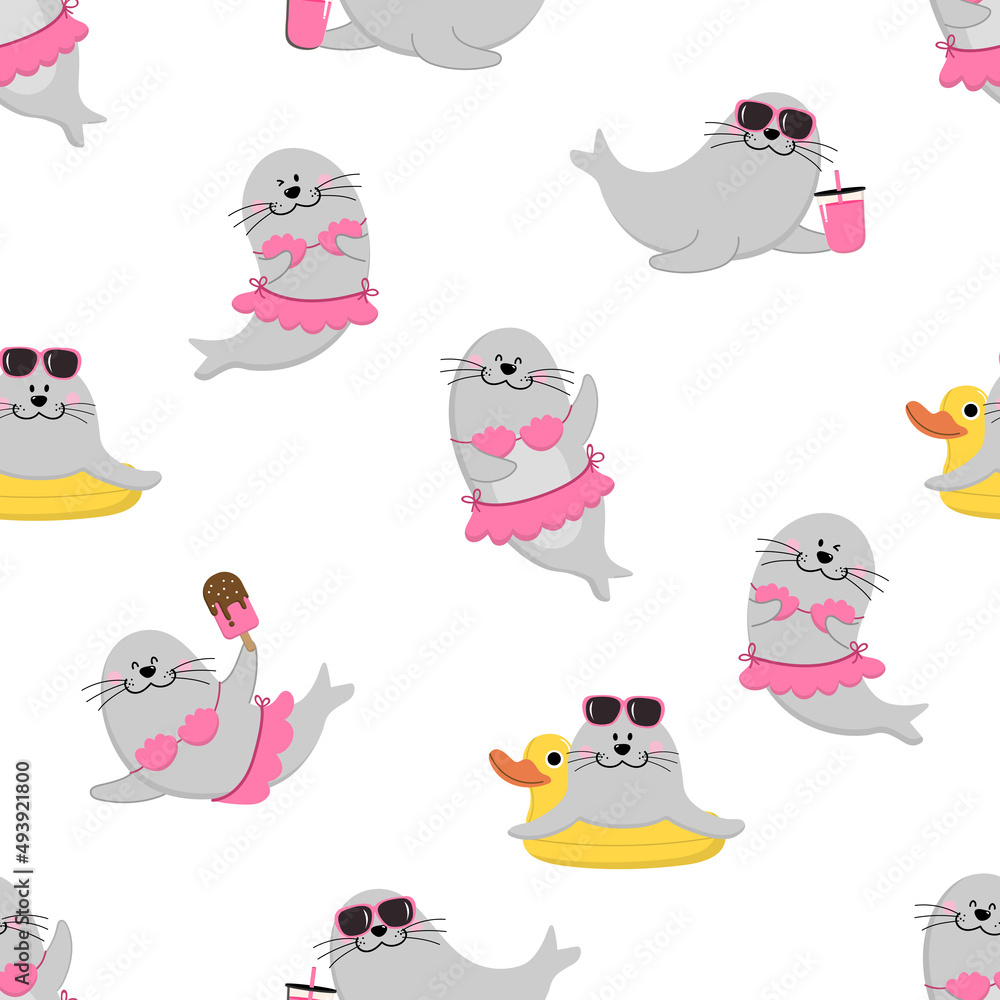 Cute seal in summer holidays. Happy animal wildlife with bikini, sunglasses and ice-cream. Cartoon character in vacation seamless pattern and background. -Vector Cute seal in summer holidays. Happy animal wildlife with bikini, sunglasses and ice-cream. Cartoon character in vacation seamless pattern and background. -Vector