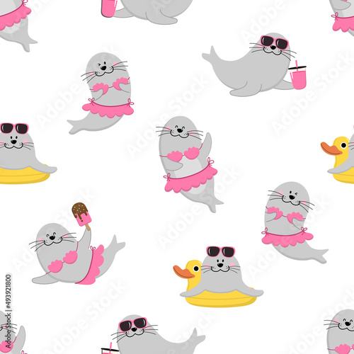 Cute seal in summer holidays. Happy animal wildlife with bikini, sunglasses and ice-cream. Cartoon character in vacation seamless pattern and background. -Vector