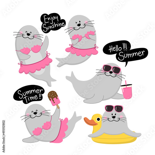 Cute seal in summer holidays. Happy animal wildlife with bikini, sunglasses and ice-cream. Cartoon character in vacation seamless pattern and background. -Vector