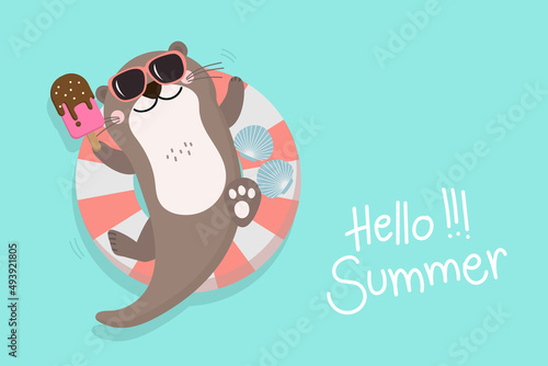 Cute otter in summer holidays. Happy animal wildlife with swim ring, sunglasses and ice-cream. Cartoon character in vacation. -Vector
