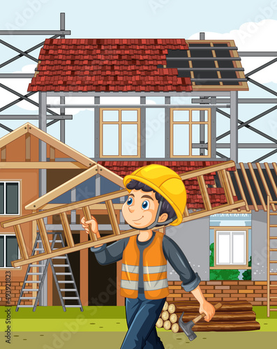 Cartoon scene of building house construction site