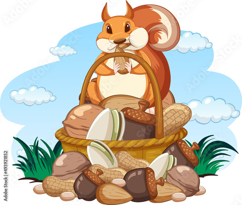 Cute squirrel eating nut from basket