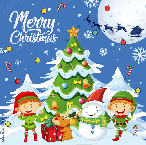 Merry Christmas poster design with elves and Christmas tree
