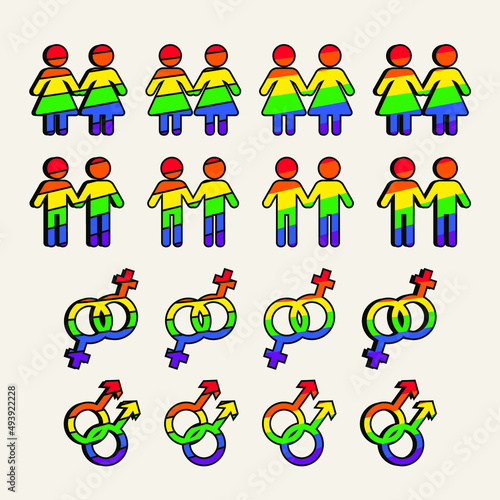 Pride LGBTQ+ icon set, LGBTQ+ related symbols set in rainbow colors. Gay Pride Month. Flat design signs isolated on white background