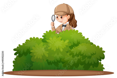 Detective wearing brown overcoat behind the bushes