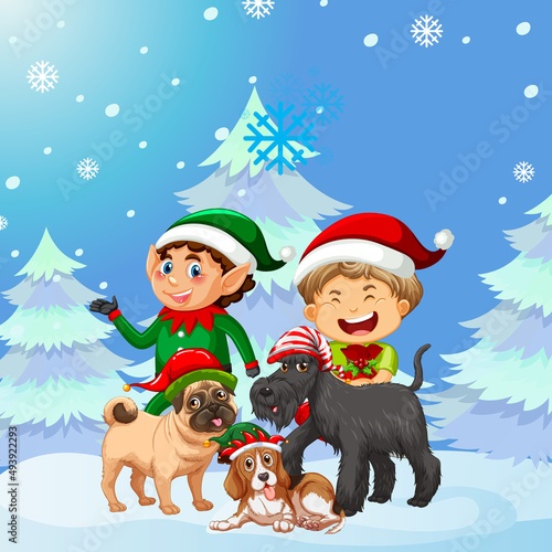 Christmas poster design with elf and dogs on snowy background