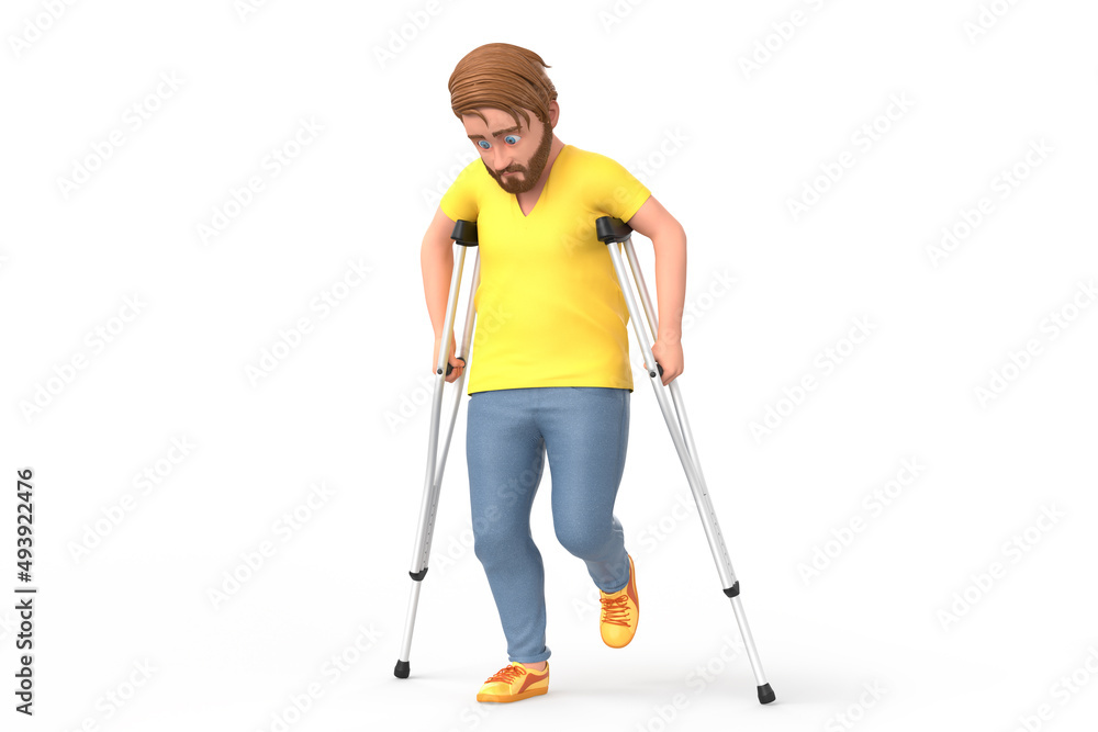 Young sad man on crutches. 3D illustration Young sad man on crutches. 3D illustration
