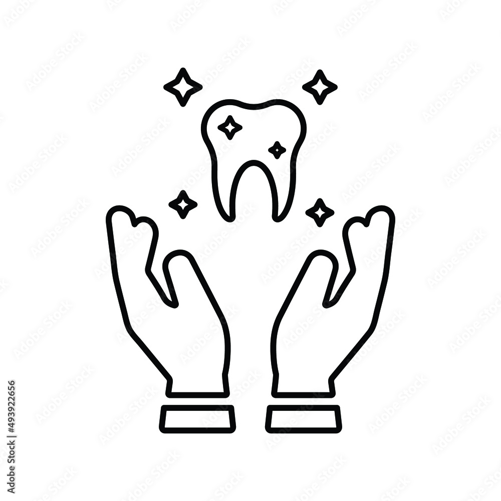 Obraz premium Hands, hold, tooth dental line icon. Outline vector.