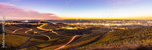 Germany, Baden-Wurttemberg, Stuttgart, Panorama of illuminated Bad Cannstatt borough at dusk with vineyards in foreground