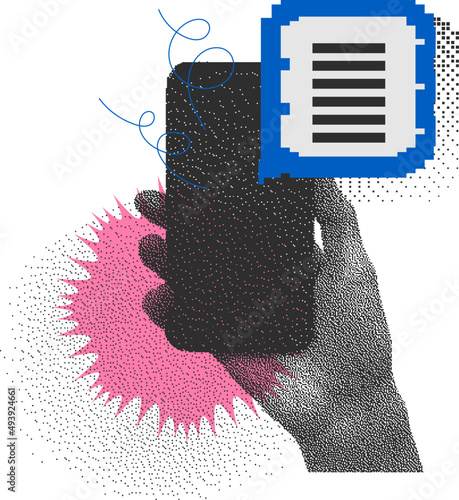 Illustration Hand Holds The Phone With Speech Bubble Abstract Shape
