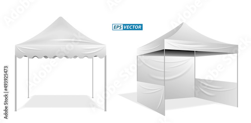 set of realistic outdoor advertising promotional tent or white trade tent isolated or trade tent mobile advertising marquee protection from sun and rain. eps vector
