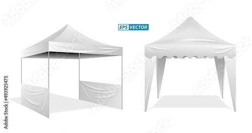 set of realistic outdoor advertising promotional tent or white trade tent isolated or trade tent mobile advertising marquee protection from sun and rain. eps vector
