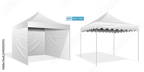 set of realistic outdoor advertising promotional tent or white trade tent isolated or trade tent mobile advertising marquee protection from sun and rain. eps vector
