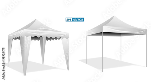 set of realistic outdoor advertising promotional tent or white trade tent isolated or trade tent mobile advertising marquee protection from sun and rain. eps vector
