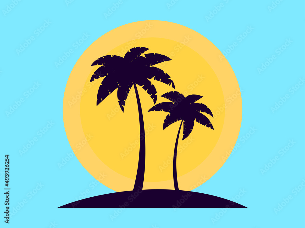 Two palm trees at sunset. Romantic tropical sunset. 80s Retro style. Design for advertising brochures, banners, posters, travel agencies. Vector illustration