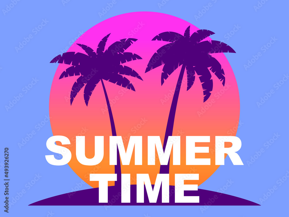 Summer time. Palm trees against a gradient sun in the style of the 80s. Synthwave and retrowave style. Design for advertising brochures, banners, posters, travel agencies. Vector illustration