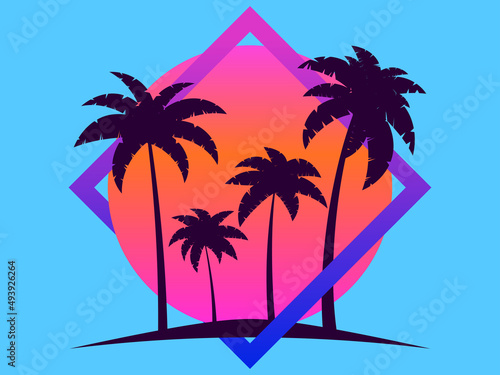 80s palm trees at sunset. Summer time. Retro futuristic sun. Synthwave and retrowave style. Design for advertising brochures, banners and posters. Vector illustration