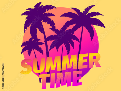 Summer time. Palm trees against a gradient sun in the style of the 80s. Synthwave and retrowave style. Design for advertising brochures, banners, posters, travel agencies. Vector illustration