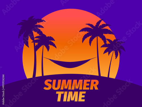Wallpaper Mural Hammock between palm trees at sunset. Summer time, beach vacation, Miami. Palm trees against a gradient sun. Design for advertising brochures, banners, posters, travel agencies. Vector illustration Torontodigital.ca
