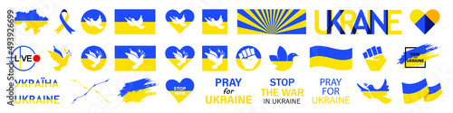 Large different set of Ukrainian icons, pictograms and symbol. Pray for Ukraine, Ukraine flag, Ukraine map. Vector illustration isolated on white background. EPS 10
