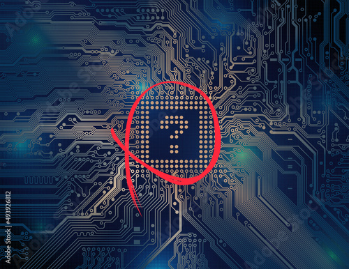 Chip shortage concept. Global shortage of semiconductor processors. Deficit chips. Printed circuit board, motherboard. Abstract technology background, microchip. Question mark. Vector illustration photo