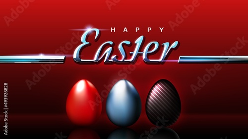 Happy Easter. Easter card in car style. Shiny chrome logo. Painted egg. Chrome, carbon eggs on background a red car body. Auto theme. Greeting card for spare parts suppliers, dealers, custom. Vector