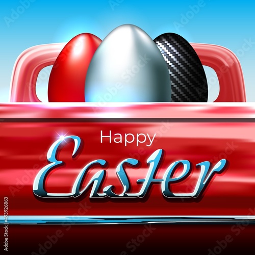 Happy Easter. Easter card in car style. Painted egg. Shiny chrome logo. Chrome, carbon eggs in a red pickup truck. Greeting card for spare parts suppliers, car dealers, custom. Auto theme. Vector