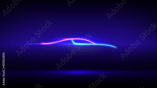Neon glowing car silhouette. Neon sign wall branding. Modern led car silhouette in side view on dark wall background. Carbon body. Blue pink banner, logo, advertising design. Vector illustration