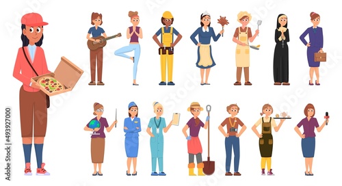 Female professionals characters. Professional office women, mixing professions for girls. Diversity woman careers. Flat cartoon waiter, teacher, doctor decent vector
