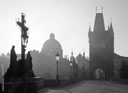 Prague - Charles bridge in the morning fog