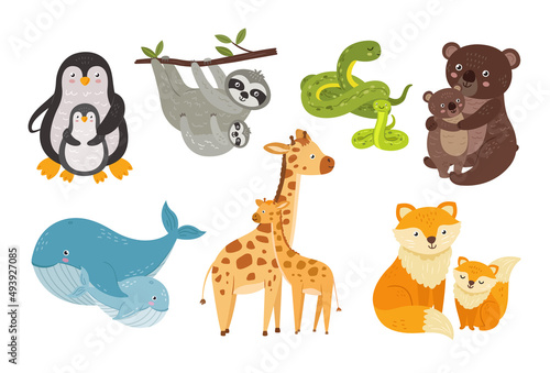 Cartoon mother animals. Animal baby hugging mom, cute sloth, bear, snake and fox. Adorable wild babies, forest child. Childish neoteric vector characters
