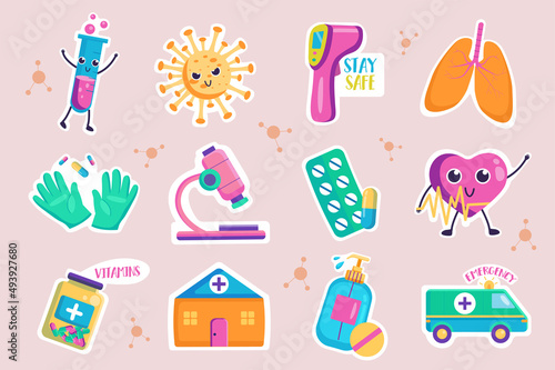 Medicine stickers set. Bundle of test tube, virus, thermometer, gloves, microscope, pills, heart, vitamins, hospital and other badge. Vector illustration with isolated printed material in flat design