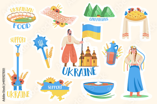Ukraine stickers set. Bundle of Ukrainian food and drink, yellow blue flag, country, traditional clothes, Carpathians and other badge. Vector illustration with isolated printed material in flat design