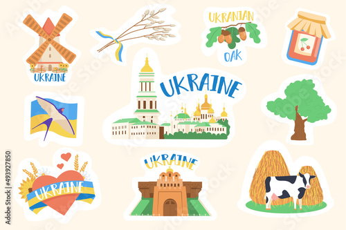 Ukraine stickers set. Bundle of Ukrainian city landmarks and church, oak and twig, cherry jam, mill, cow, swallow and other badge. Vector illustration with isolated printed material in flat design