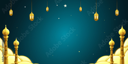 Ramadan Kareem Background illustration with decoration, lanterns, minarets and golden clouds