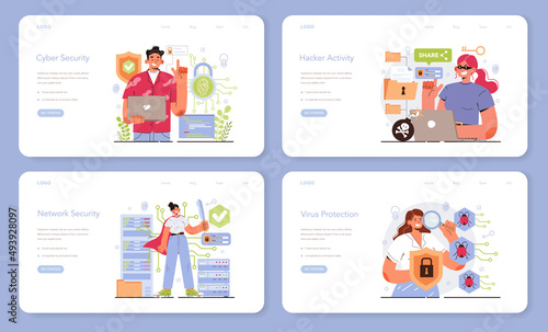 Cyber or web security specialist web banner or landing page set. Digital data