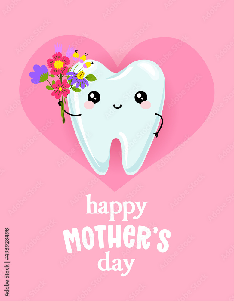 Happy Mother's Day - Tooth family character design in kawaii style. Hand drawn Toothfairy with funny quote. Good for school prevention posters, greeting cards, banners, textiles. Happy Mother's Day - Tooth family character design in kawaii style. Hand drawn Toothfairy with funny quote. Good for school prevention posters, greeting cards, banners, textiles.