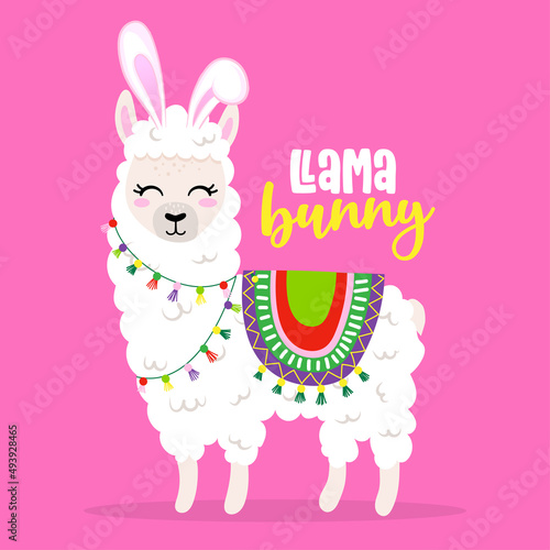Llama Bunny - funny vector quotes and llama drawing. Lettering poster or t-shirt textile graphic design. Amazing llama character illustration on isolated pink background. Happy Valentine's Day.
