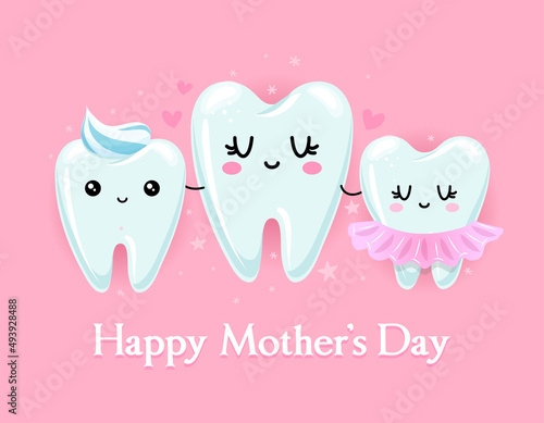 Happy Mother's Day - Tooth family character design in kawaii style. Hand drawn Toothfairy with funny quote. Good for school prevention posters, greeting cards, banners, textiles.