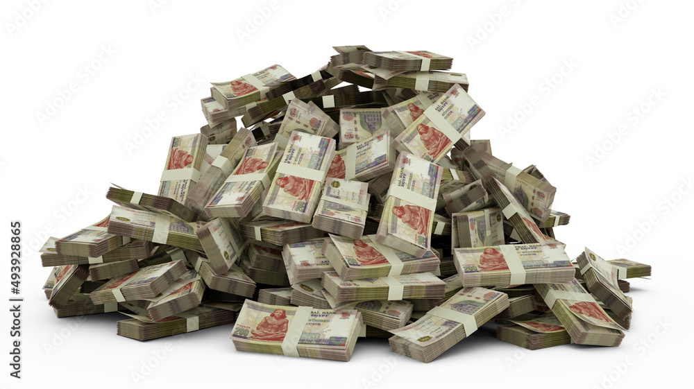 Big pile of Egyptian pound notes a lot of money over white background. 3d rendering of bundles of cash - obrazy, fototapety, plakaty 