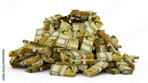 Big pile of 50000 South Korean won notes a lot of money over white background. 3d rendering of bundles of cash photo