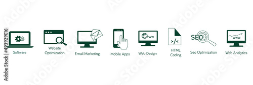 SEO icon set software, website optimization, email marketing, mobile app, web designing, HTML coding, SEO optimization, a web analytics 