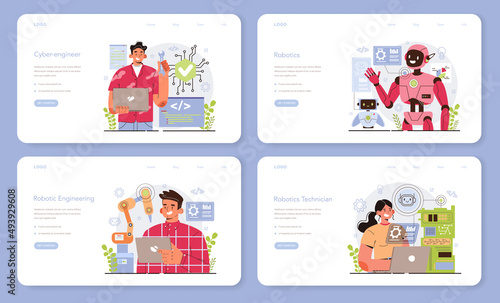 Cyber engineering web banner or landing page set. Robotics' constructing