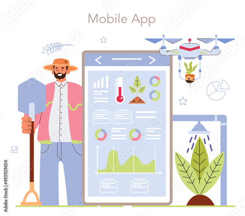 Smart farming online service or platform. Farm worker growing