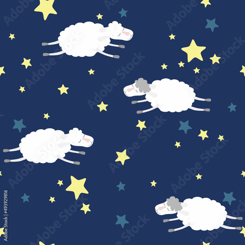 Seamless pattern white sheep jumping in the night sky. Pattern for pajamas, bed for children, clothes in children's flat style.
