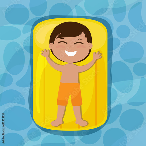 A happy boy lies on an inflatable mattress on the water and sunbathes. The child is wearing shorts and smiling. Summer holiday cartoon style top view.