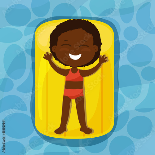 A happy girl lies on an inflatable mattress on the water and sunbathes. The child is dressed in a red swimsuit and smiling. Summer holiday cartoon style top view.