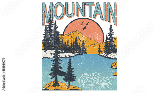 Mountain with lake print design for t shirt and others. Outdoor vintage vector artwork design.
