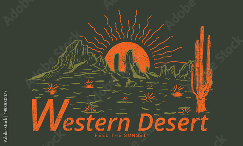 Western desert print design for t shirt. Arizona desert vibes vector artwork design.